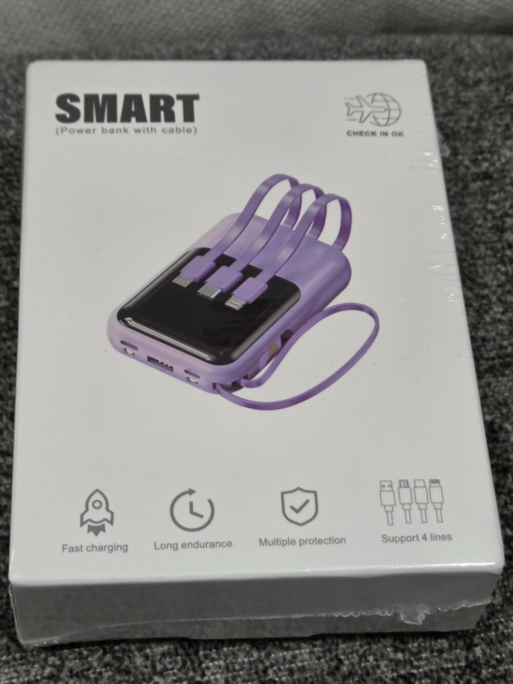 Purple Smart Power Bank With Cable Fast Charging Supports 4 Lines-NEW-Sealed